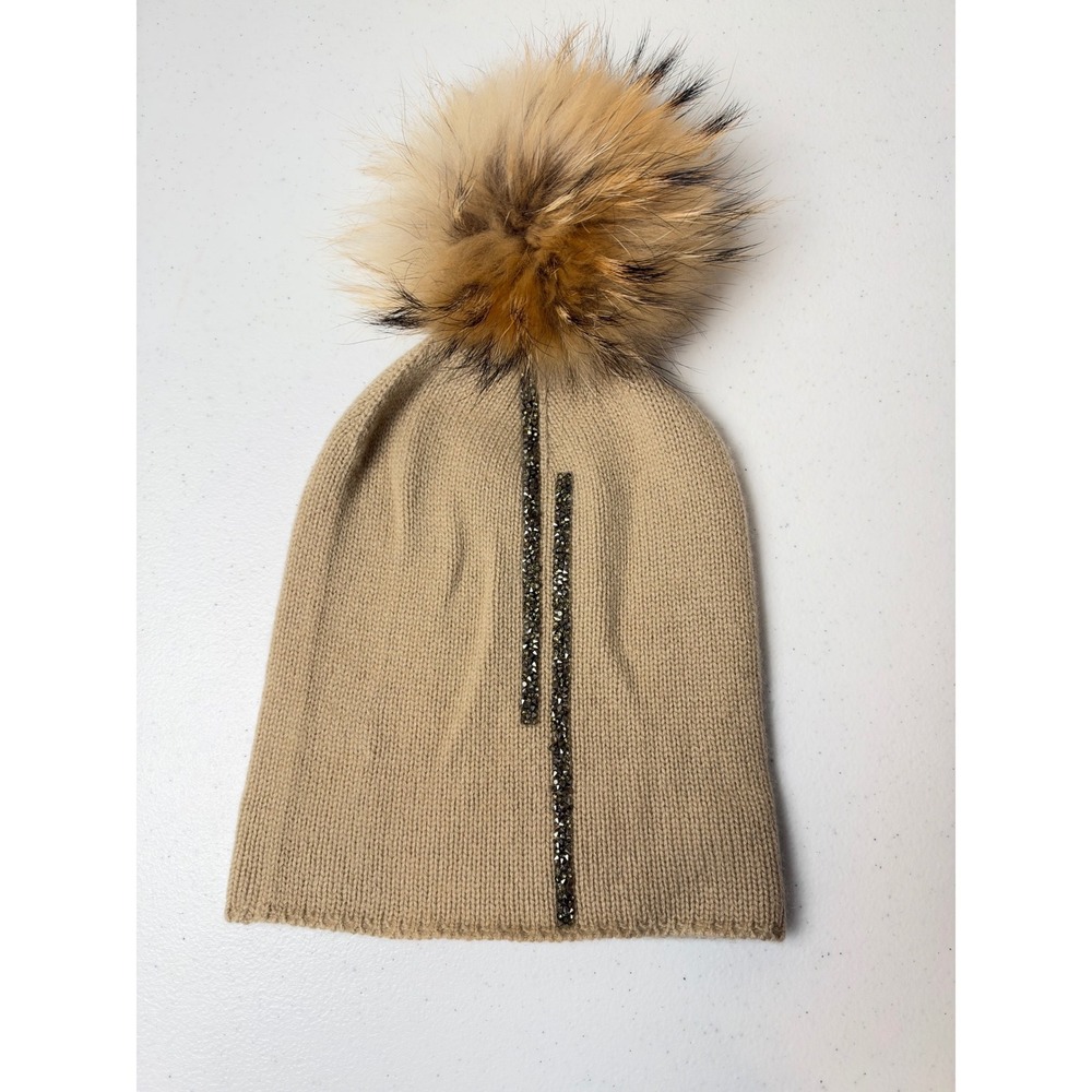 DELYX Beanie Tan Cashmere Crystal Pom Pom Winter Luxury OS